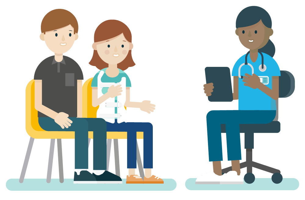 Illustration of a young person and their parent / carer talking with a medical person